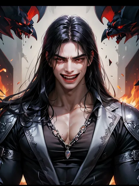 A face card of a male evil demon, black skin, long black straight hair, red evil eyes, muscular masculine body, darkness in background, evil shadows, controlling evil, laughing hysterically