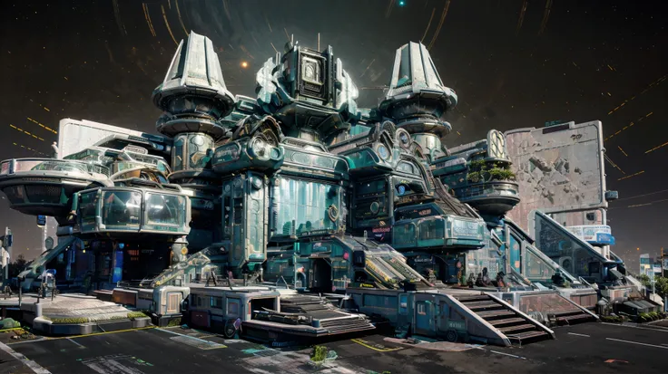 An alien world, a futuristic society with architectural structures sequenced to follow the patterns of Fibonacci and fractal-based quantum concepts, a sci-fi steampunk town Madmaxville, creative illusions of the future of mechanical and structural engineer...