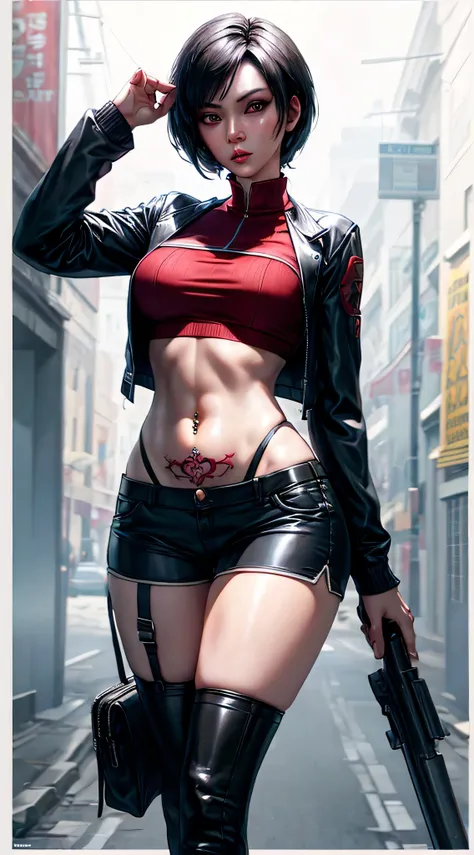 ada wong wearing a sexy suit with exposed belly, ultra shorts, detailed navel piercing, womb tattoo, high res, ultra hd, black, ...