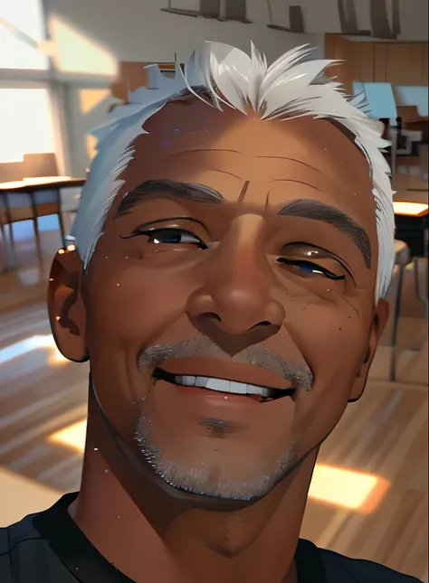 A 50-year-old man, short gray hair, sporty and sensual, big eyes, dark skin, smiling at the camera. He is in a classroom, with blue desks. The mans clothing consists of a black shirt.