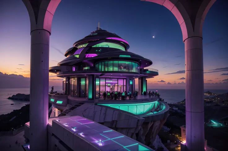 purple and green futuristic nightclub perched on the edge of a cliff on a different planet with an Mediterranean climate, bright celestial objects on the sky, pink sunset, show the unique architectural design, luxurious atmosphere and lively ambiance with ...