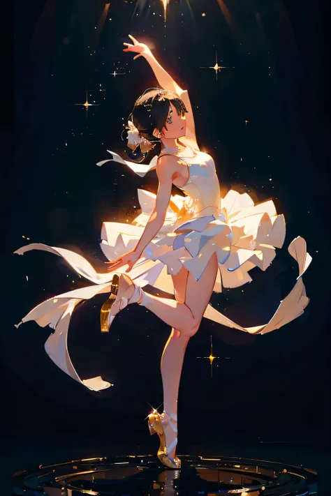 oil painting, ,ballerina with white dress on stage black envoriment white spotlight on ballerina anime style hd formal, fancy, sparkle, simple background