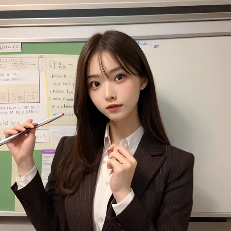 table top, highest quality, figure, super detailed, finely, High resolution, 8k wallpaper, 完璧なダイナミックな構figure, detailed and beautiful eyes, brown suit, suit, medium hair, natural color lip, random sexy poses, give a presentation in front of a whiteboard, St...