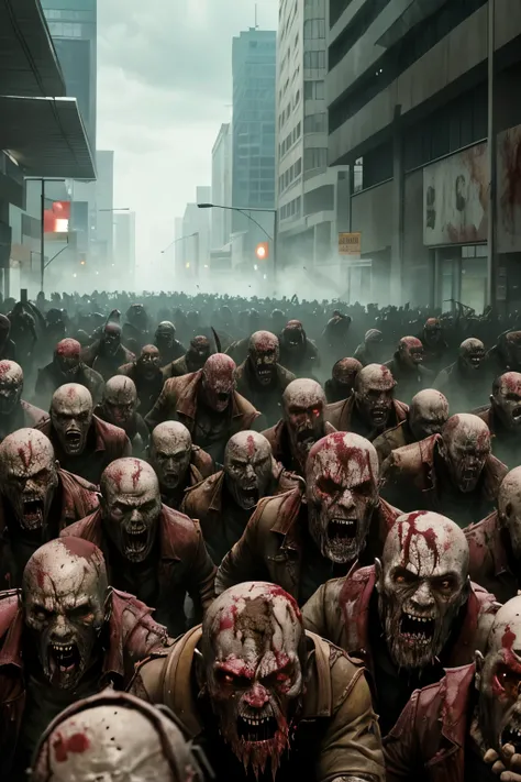 A shambling Horde of zombies running after a group of survivors