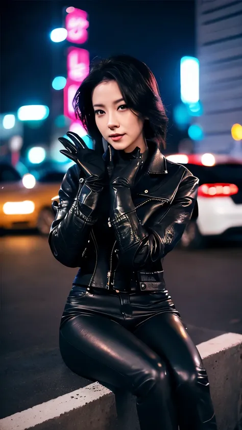 black leather rider jacket, office in the dark, Fingertips of black leather gloves on both hands,wearing black leather gloves,sitting in a black leather chair、 Japanese female new employee (black leather gloves cover both hands) (The angle is horizontal)、b...