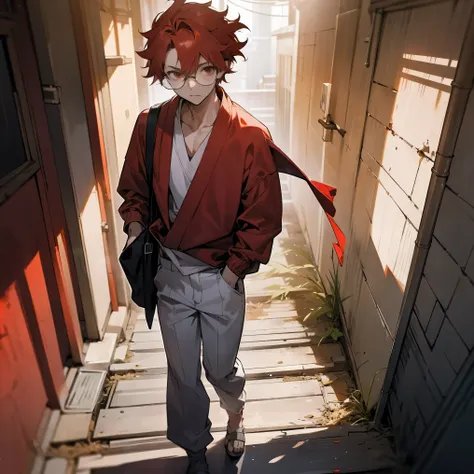 1male, young adult, short red messy hair, finely detailed red eyes, loose open long sleeve sweater, white undershirt, glasses, loose baggy pants, walking down alley, best lighting and shadows, tokyo, delinquent