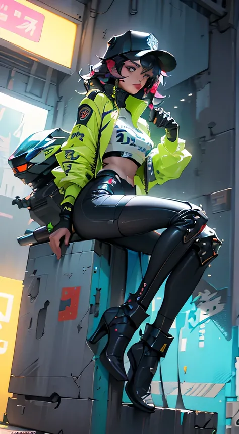 beautiful woman medium hair, Wear a hat, cyberpunk short clothes, cyberpunk police woman, Tomboy, Traffic police, (flying futuristic police bike 1.0), Police Hovercycle Patrol, night, neon