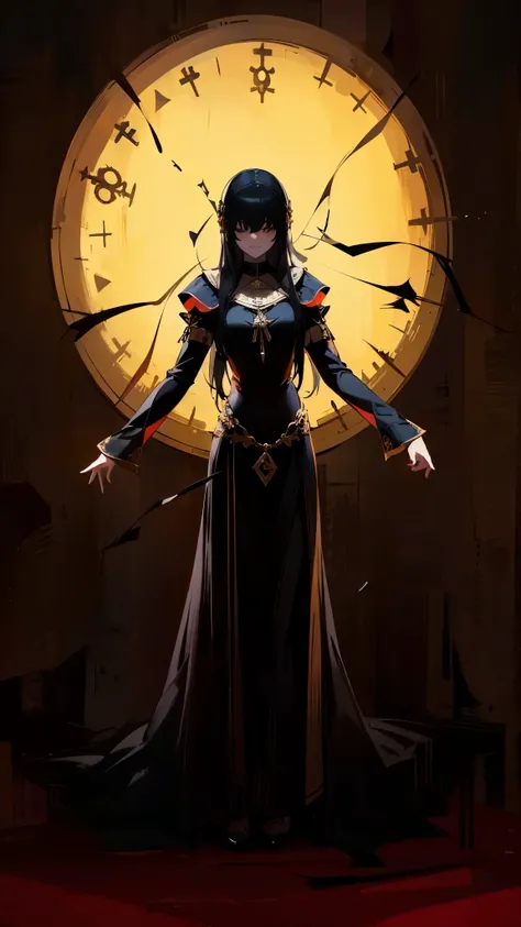  ((priestess of dark god)), (masterpiece, sidelighting, finely detailed), ((best quality)), ((masterpiece)), (highly detailed:1.3), (full body portrait), young woman, (long black dress, dress with loose sleeves, dress surrounded by black fog), pale skin, s...