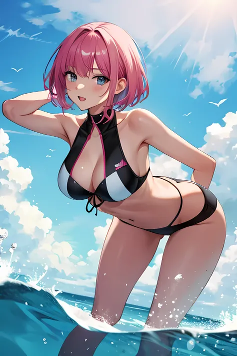 woman with short pink hair , Bold poses , sea