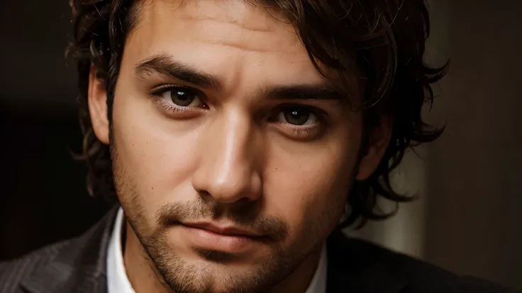 give me a picture of a guy in close-up man in suit with brown eyes, short curly brown hair, sin barba, con una mirada triste, hyper-detailed photography, luz suave, retrato, realista, con un fondo de universidad y estudios 