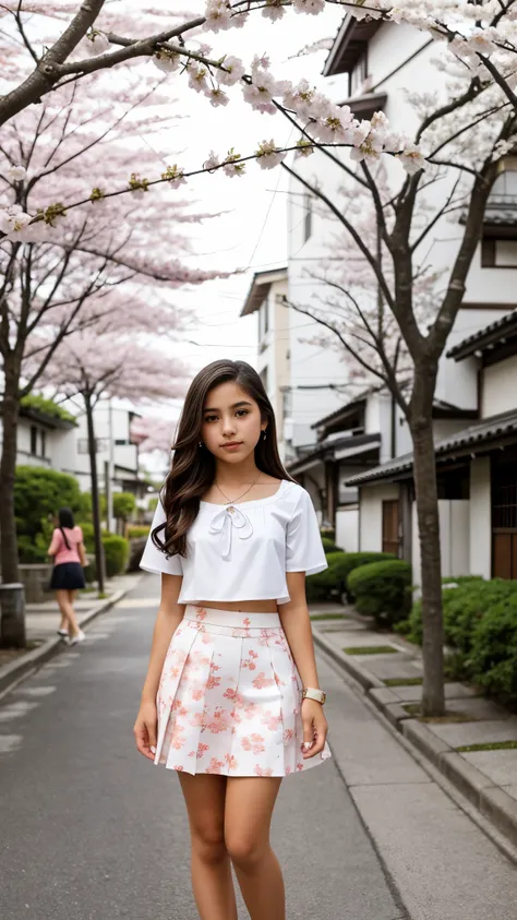 Beautiful 13 year old Latina teenager, short sleeve shirt, small neckline, mini skirt, high heels, Japanese country street, cherry blossom trees