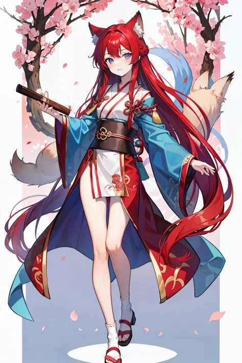 Kizi，Rosy red purple hair，blueneyes，fox ear，Ancient Chinese clothing，full bodyesbian，long blue robes，bloomer，long whitr hair，Qi bangs，Set the chart，Handsome