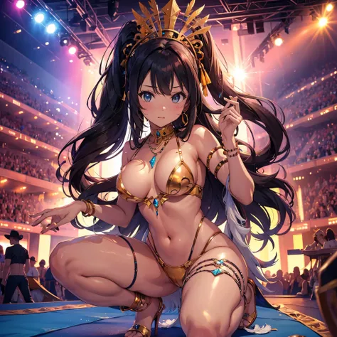 best quality, highres, absurdres, ultra-detailed, 1girl, (long_hair, solo, hair_ornament, dark hair, tanned skin, necklace, arml...