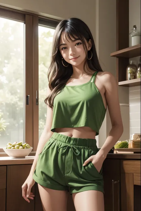 Teenage girl wearing a fitted green top and shorts standing against a backdrop of a softly lit evening. She is wearing a fashionable green outfit that complements her style and the theme of National Pistachio Day. Arias confident expression and relaxed pos...