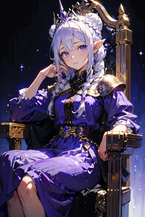 oil painting,braided bun white hair ,elf queen , silver tiara with purple gems on head,purple eyes ,depressed , dark purple dress ,grey armor ,sitting on a throne ,anime style,hd formal, fancy, sparkle,simple background,black envoirment