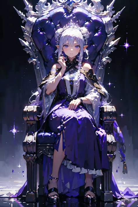 oil painting,braided bun white hair ,elf queen , silver tiara with purple gems on head,purple eyes ,depressed , dark purple dress ,grey armor ,sitting on a throne ,anime style,hd formal, fancy, sparkle,simple background,black envoirment