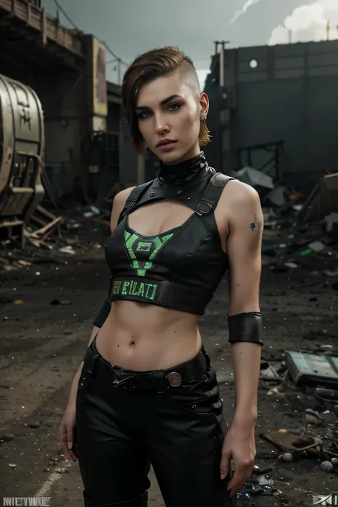 radioactive environment, nuclear apocalypse environment, apocalyptic punk girl, badass girl, radioactive girl, very white skin, brown hair, shaved sides of head, full body view, engine tattoos, cait from fallout 4, jack from mass effect 3, black pants, bla...