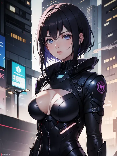 alta qualidade, premiado, high resolution, 8K solomastery, solo, 1woman, from the front, mature, milf, purple cut hair, blue eyes, serious eyes, smoke, cyberpunk suit , mulher alta, 29 anos