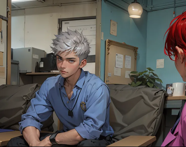 There is a handsome 18-year-old boy with short silver hair and gray eyes sitting listening to his school principal.