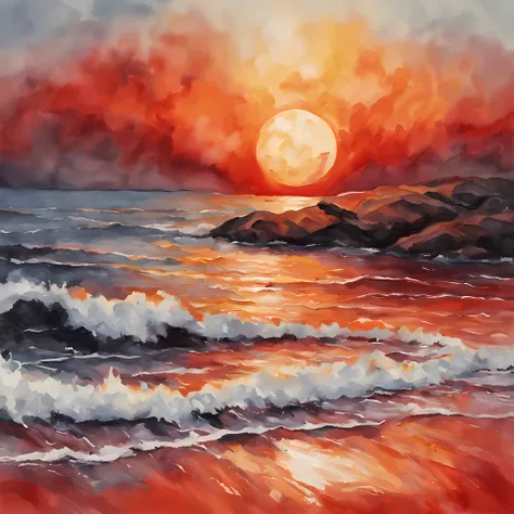 
Solar eclipse by the sea in red and orange tones, fogo como uma aquarela