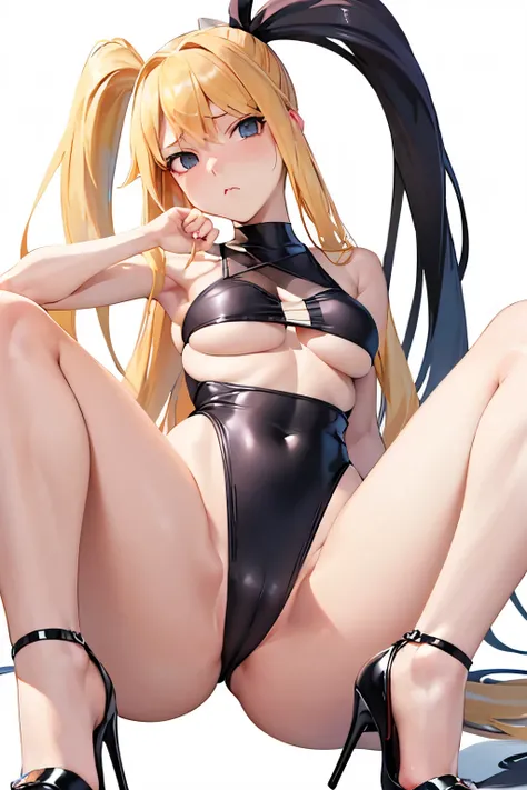 muste piece, best quality, 1 girl,blonde, (black eye:1.2),((white background))、((Panty stocking))、((embarrassed expression))、((Mi Hai Sand))、((Photo from below))、(((Swimsuit)))、((long hair))、((C cup breasts))、((high heels))、((spread legs))、(ponytail)、