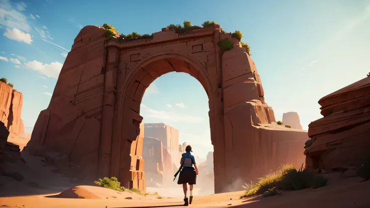 rock arch, woman walking away between, desert in background