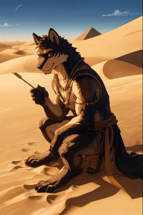 High-quality illustrations, masterpiece, absurdres, super high resolution, detailed background, desert, sand dunes, pyramid, Traditional costumes, Happy, joyful, Relux(Travel photos)perfect anatomy(kemono, furry anthro, National clothing)cinematic lighting...