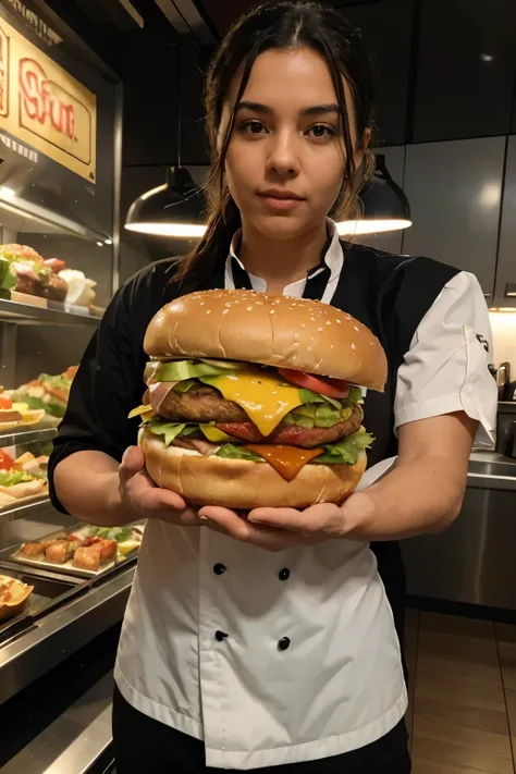 You are challenged to use artificial intelligence to create a high-quality image with maximum detail and cinematic style of a succulent two-slice burger. Utilize all available resources to capture the texture of the meat slices, the melt of the cheese, the...