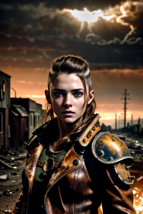 masterpiece, ultra detailed, 8K, Raw photo, Realistic light, Cinematic composition, skyscape with clouds, full colours nightfall, depth of field, 35 mm, postapocalyptic aura, steampunk aesthetic, 18 years old cute woman, on the ruined street, (torn dirty s...