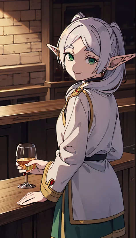 (((Frieren, mage girl with elf ears, white hair and green eyes))), at the bar, drinking a glass of water, smiling at viewer