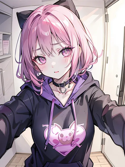 girl,((selfie:1.3)),B-style fashion that shows cleavage,Dowel Dabo Hoodie,modest chest,Yandere,A sluggish face,close up of face,Dark circles under the eyes