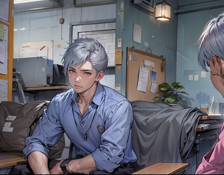 There is a handsome 18-year-old boy with short silver hair and gray eyes sitting listening to his school principal.