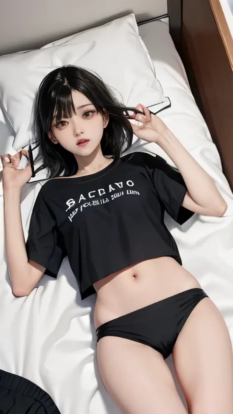 Black-haired female student wearing swimming trunks lying on the bed、