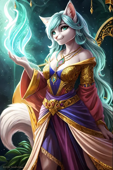 Lyra is a cat woman with a lithe and agile build., con una apariencia elegante y misteriosa que refleja su naturaleza como hechicera. Its body is covered in mottled fur that shines with silver reflections in the light., and her long fluffy tail swings grac...