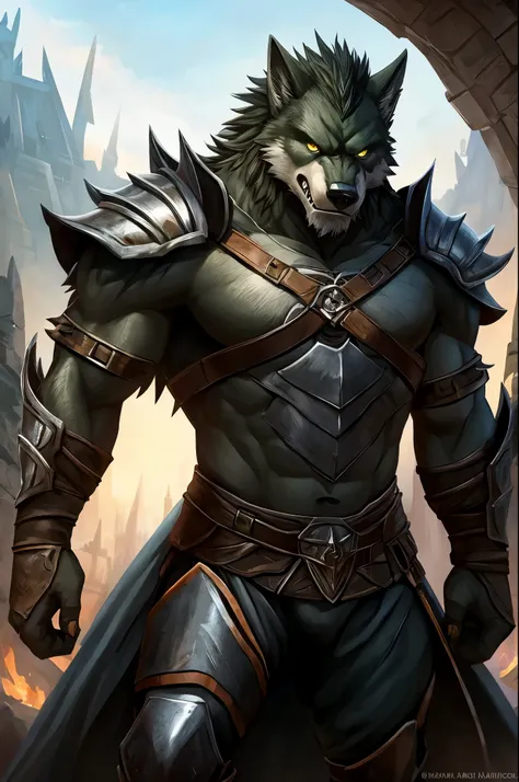 Garruk tiene una estatura imponente y una figura musculosa que denota su fuerza y liderazgo. His face presents a combination of human and wolf features.: has a strong square jaw, pointy wolf ears sticking out of his messy hair and bright yellow eyes full o...