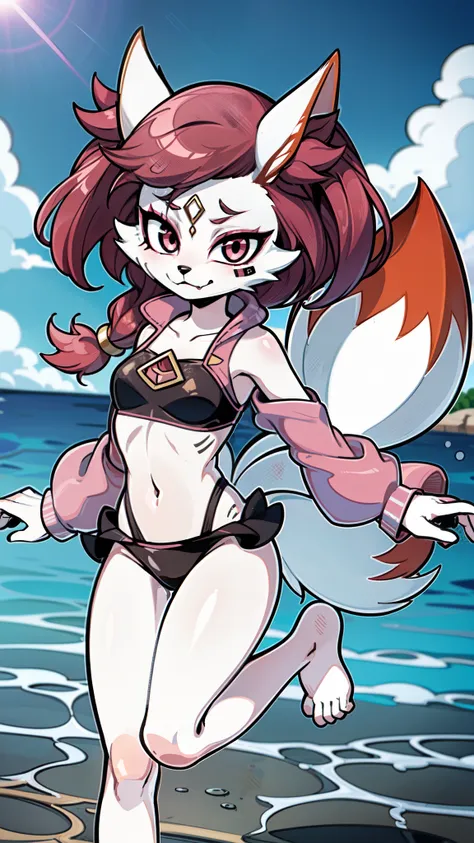 Kimiko Five-Tails, furry female anthro, fox girl, white body fur, pink hair, ((goggles, pink jacket, open clothes, black bikini)), small breasts, detailed body fur, detailed body, detailed face, detailed eyes, glistering body, shiny body, skinny, :3, multi...