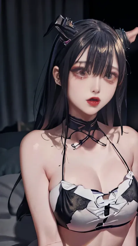 ((highest quality)), ((masterpiece)), (very detailed: 1.3), 3D, neon black, A black-haired female student wearing a micro bikini lying on the bed、big breasts、dark shadow、put on a white shirt、bright red lipstick