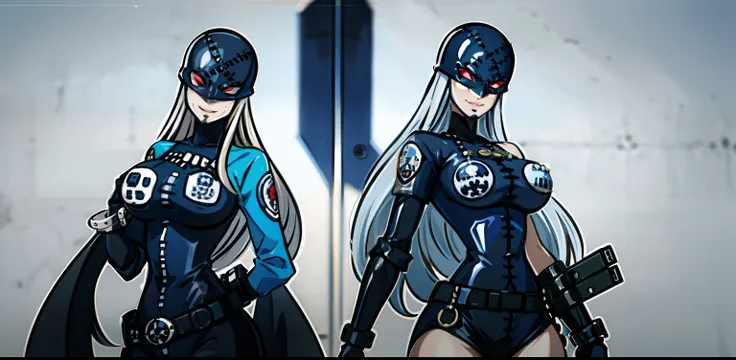 whole body, sexy thighs, woman, detailed body, large bust, sky blue skin, long straight gray hair, very fitted black leather suit that sticks to the skin, flirtatious smile, casual pose, leather mask that covers her head and ends under her eyes, eyes red, ...