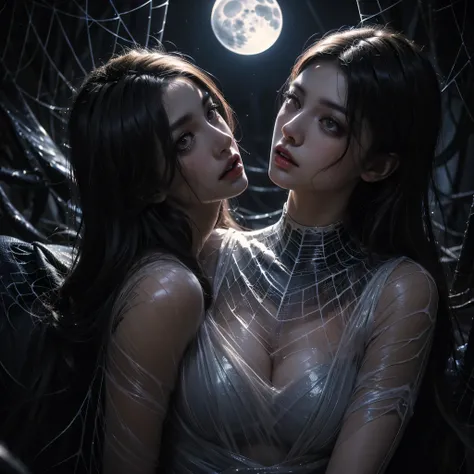 Stable Diffusion prompt: 2girls,wrapping up a third girl with spider web,beautiful detailed eyes,beautiful detailed lips,extremely detailed eyes and face,long eyelashes,spider web texture,(oil painting,classic painting),dramatic lighting,haunting atmospher...