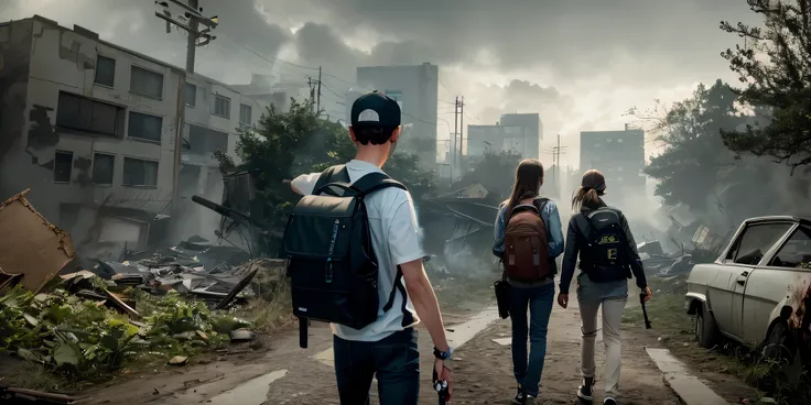 rapaz de casaco, backpack and cap with hand gun 