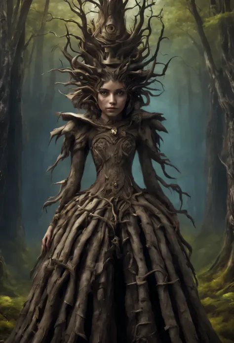 สาวสวยในชุดที่ทำจากรากไม้และมีมdกุฏบนศีรษะ., ดวdตาสีน้ำตาล, In the scary forest., very detailed, There are complicated details.., รายละเอียดสูdมาก, ภาพถ่ายที่สมจริdเกินไป, 8k, you watch.d, (dynamic poses:1.4),