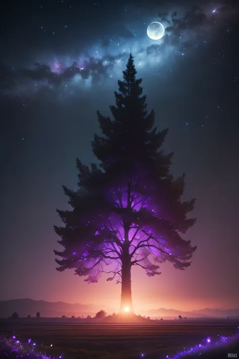 expansive landscape photograph , (View from below, showing the sky above and the fields below), dirt road with rural electric pole at night. rural town very far in the distance, tree on the side, little brook, darker picture, purple and blue, wheat field (...