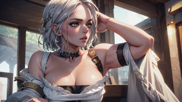 (beautiful 19-year-old girl(Ciri from The wicher 3)),(model figure),(big breasts),(short haircut,long braid down the back),(White hair),(wearing white kimono, heavily torn in some places),(fighting stance),(a gang),(tattoos)。(best quality,4k,8k,highres,mas...