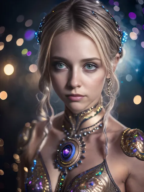 (Realistic:1.2), Photorealistic, highly detailed, full-body image of girl with playful body manipulations, gazing into the camera, divine proportion. The setting is an magical cell background, filled with whimsical lighting and an iridescent ambiance. The ...