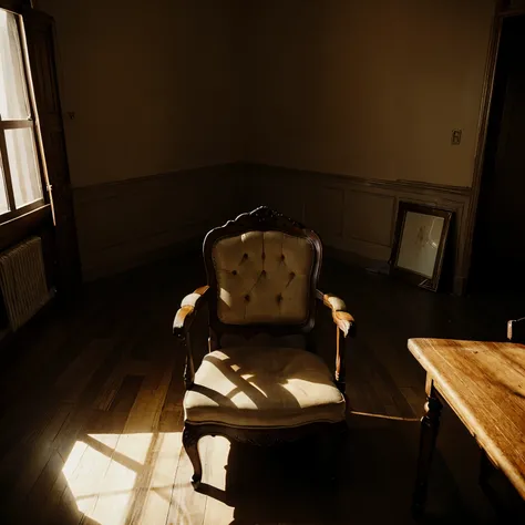  de dois anos, sitting on an antique chair and looking lonely in an empty room