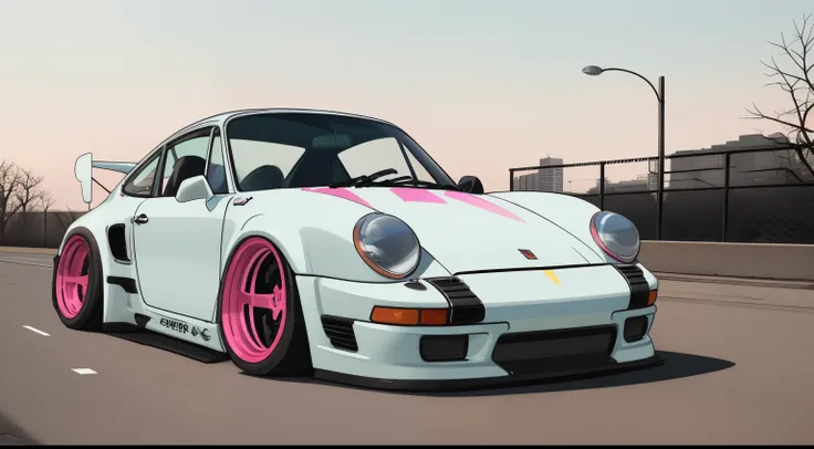 nvinkpunk, painting of a city with a pastel colored  porsche 911 rwb rotting,wide bodykit, large wheels, high quality,