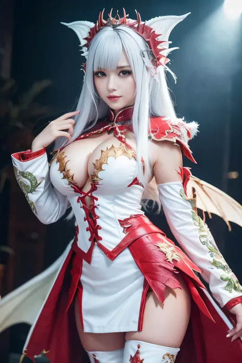 ( absurdly , high quality , Super detailed,See photographer ), white dragon queen,(Detailed and beautifully colored dragon costume,Tight Leather,skirt)