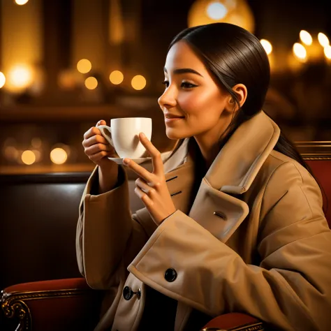 "The camera zooms in., Portrait of a beautiful woman sitting in a comfortable red velvet armchair in a luxurious cafe. your black hair, Short and neatly trimmed, it adds natural beauty... The brown overcoat that wraps around the body adds sophistication an...