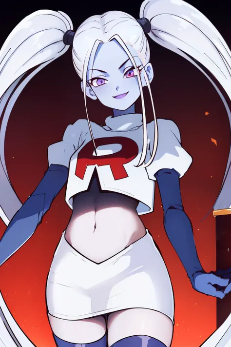 ((masterpiece,best quality)), absurdres,
Marcarita_DB, solo,  twintails, blue skin, blushing, smiling, detailed eyes, cowboy shot,
team rocket,team rocket uniform, red letter R, white skirt,white crop top,black thigh-highs ,black elbow gloves