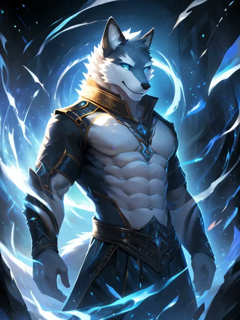 4k, high resolution, best quality, perfect colors, perfect shadows, perfect lighting, posted on e621, (by Chunie), male, furry, Fox anthro, Blue eyes, (Realistic eye details 1.2), abs, slim body, Perfect centralization, Fantastic Black-White beam, V0id3ner...